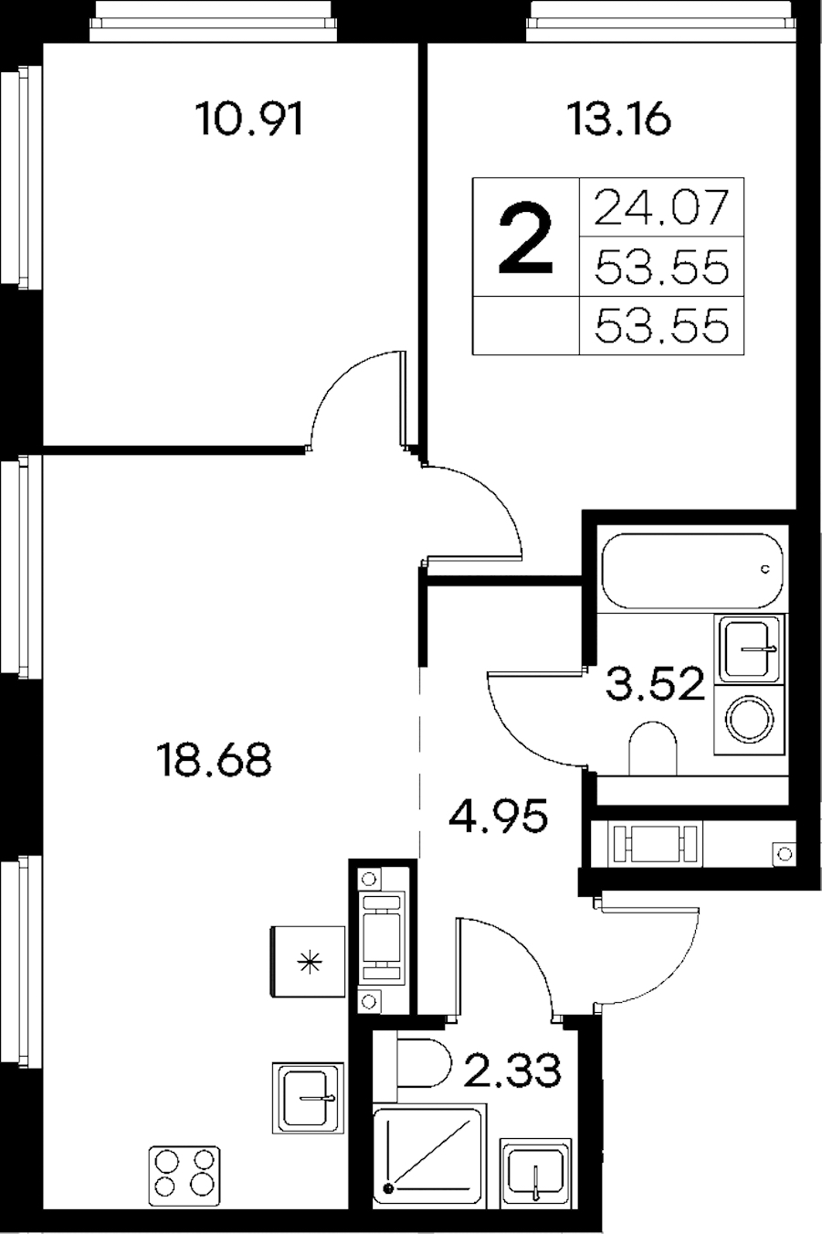 2-комнатная квартира 53.55 м², 12/18 эт., ЖК «Glorax City Василеостровский»